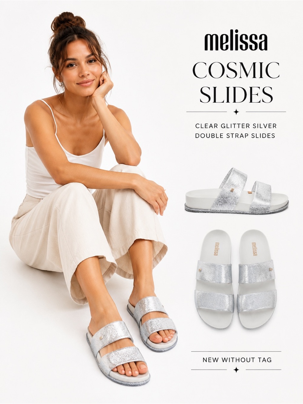 Melissa Cosmic Women clear glitter silver double strap slides slip on shoes SZ 6
